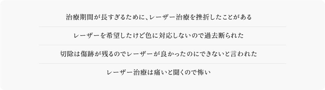 治療期間が長すぎるために、レーザー治療を挫折したことがあるレーザーを希望したけど色に対応しないので過去断られた切除は傷跡が残るのでレーザーが良かったのにできないと言われたレーザー治療は痛いと聞くので怖い